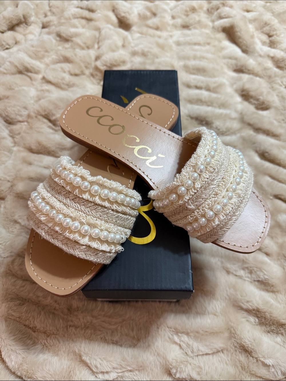 CCOCCI Pearl-Trim Braided Cream Slide Sandals